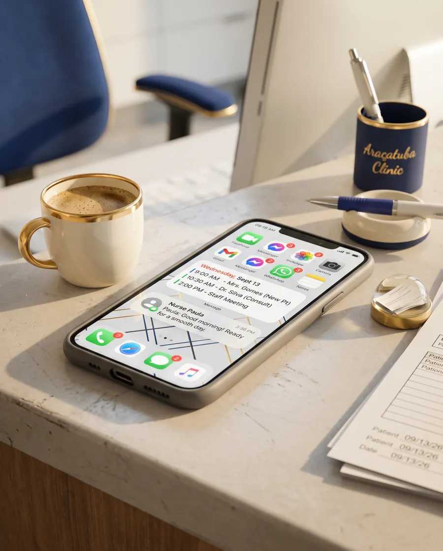 Balcão da clínica de manhã, com café e o celular mostrando a agenda do dia organizada